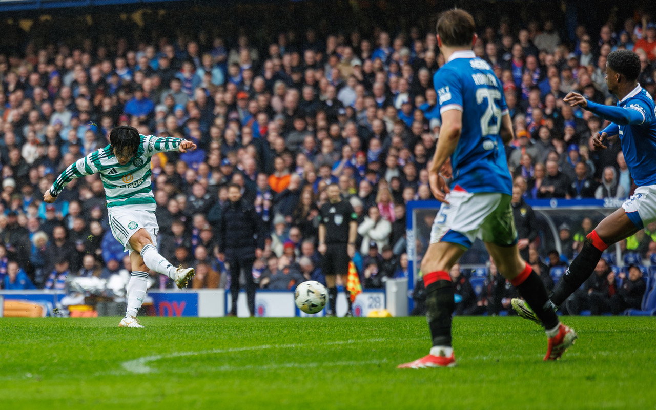 Reo Hatate scores at Ibrox