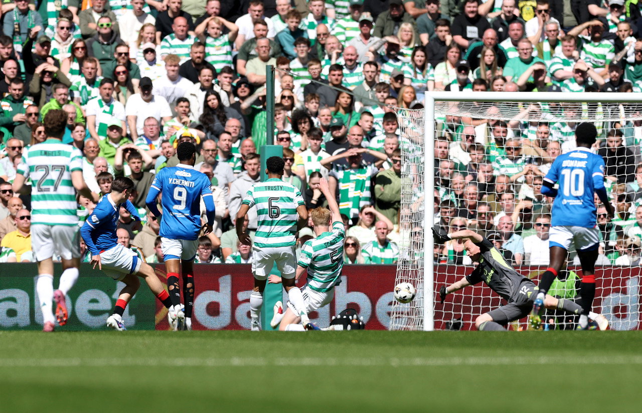 Mikey Moore of the Rangers scores the opening goal