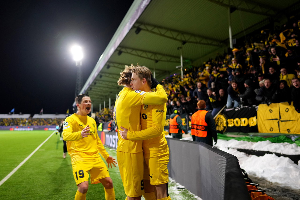Jens Petter Hauge of Bodo/Glimt celebrates scoring his team's second goal with teammate Kasper Hogh